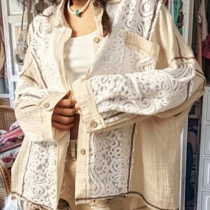 Bohemian Boho Button-Up 100% cotton and lace Shirt top blouse Xl NEW